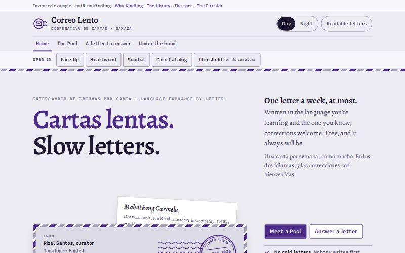 The Correo Lento homepage