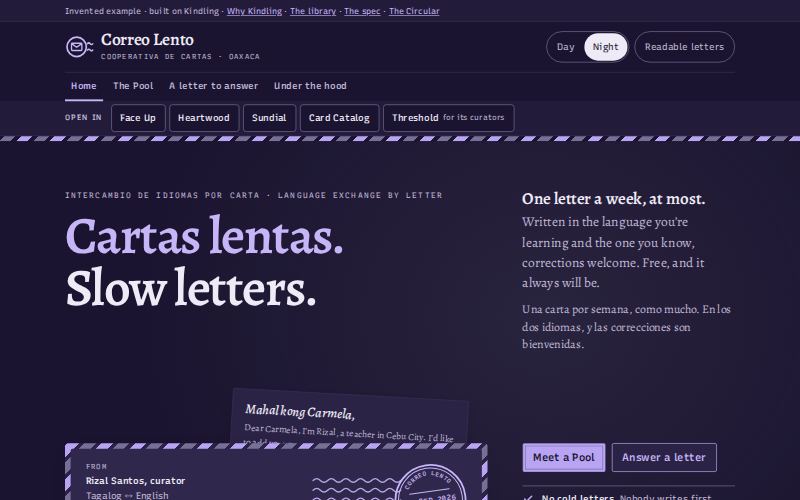 The Correo Lento homepage